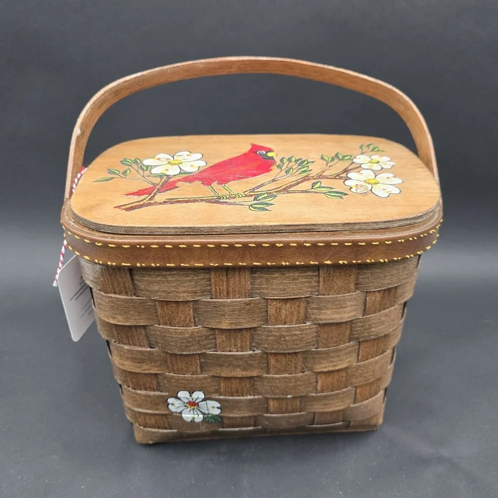 Caro Nan Vintage Basket Purse Signed Hand Painted Cardinal Handmade lined